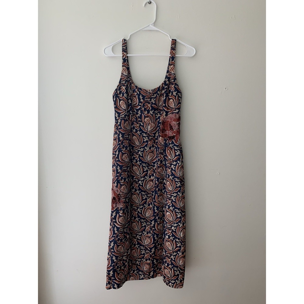 JODI Inaaya Silk Dress Sz M Midi Floral Hand Embroidery Hand Printed Lined Boho